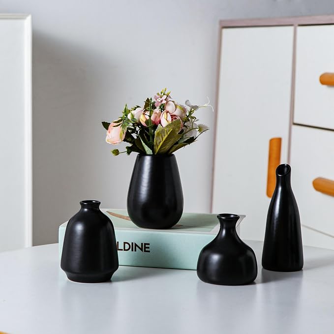 Tanvecle Small Black Vases, Ceramic Bud Vase Set 11, Modern Home Decor | Mini pottery vases for pampas grass, flowers, minimalist home decor, wedding centerpiece for dining table living room shelf