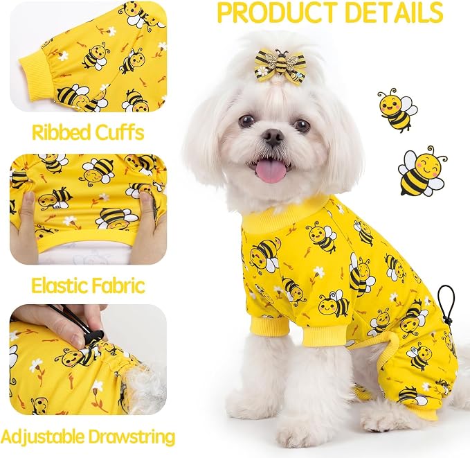 XPUDAC Dog Pajamas for Small Medium Dogs, Cute Puppy Clothes with Bee Print, Soft Breathable Dog Pjs Onesie with Adjustable Drawstring for Summer Holiday, S