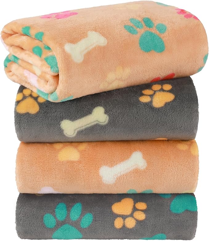LINENLUX Dog Blankets 4-Pack, Super Soft Fluffy Fleece Pet Throw Warm | Premium flannel fleece pet throw for cats, puppies. Cozy warm for bed, crate, or couch naps; Bones and Claws-4pcs 40x31 inch