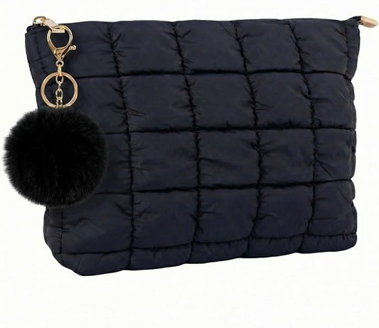 Black Puffer Quilted Makeup Bag for Women with Furry Keychains - 10" Roomy Puffy Cosmetic Pouch, Travel Toiletry Organizer Bag (BK-Fu-BK)