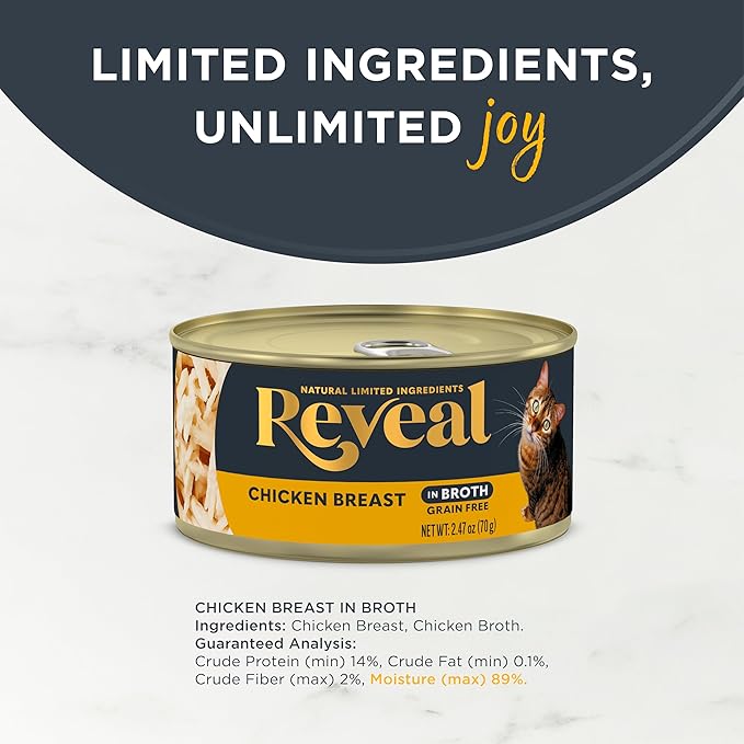 Reveal Natural Wet Canned Cat Food,Limited and Natural Ingredients,Grain Free,High Protein with No Artificial Additives,Chicken Breast in Broth (2.47 oz Cans),(Pack of 48)