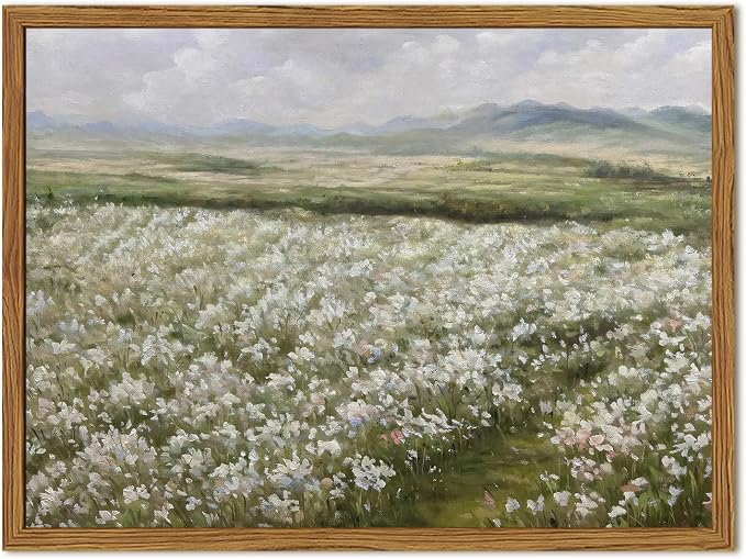 Framed Vintage Landscape Wall Art, Country Wildflower Field Pictures Wall Decor, Rustic Nature Flower Paintings Canvas Prints Farmhouse Home Decor for Living Room Bedroom Bathroom 16x24 inch
