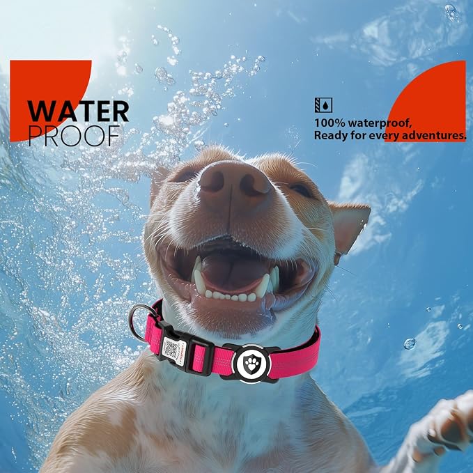 Waterproof AirTag Dog Collar with QR Code Dog Tag, Rose Red M | IP68 waterproof, QR code dog tag, Anti-Lost, Online profile, fits XS-L (8"-26"), Padded nylon, Reflective, No App, No Fees