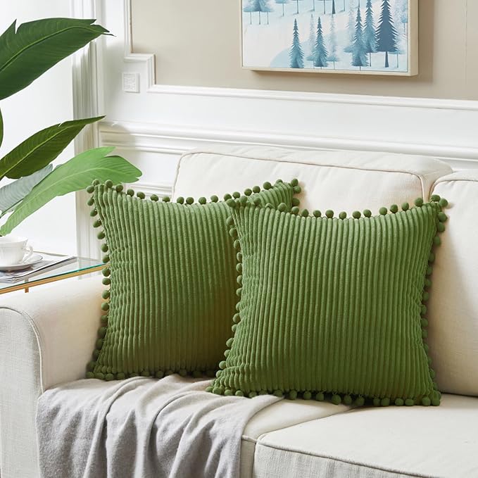 Fancy Homi Pack of 2 Moss Green Decorative Throw Pillow Covers with Pom-poms, Soft Corduroy Solid Square Cushion Cases Set for Couch Sofa Bedroom Car Living Room (20x20 Inch/50x50 cm, Moss Green)