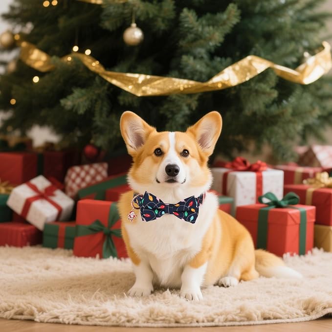 ADOGGYGO Christmas Dog Collars with Bow, Detachable Xmas Light Print Bowtie, Metal Buckle, Adjustable Christmas Collars for Medium Dogs Boy Girl (Medium)