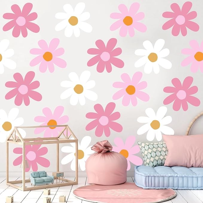 TaoBary 12 Sheet Daisy Wall Sticker Decal,Classic Color,Delicate Style | Big Flower Wall Sticker, Pink White Floral Decal, Daisy Bedroom Room Decor, Removable Peel and Stick, Nursery Home Wall Decor