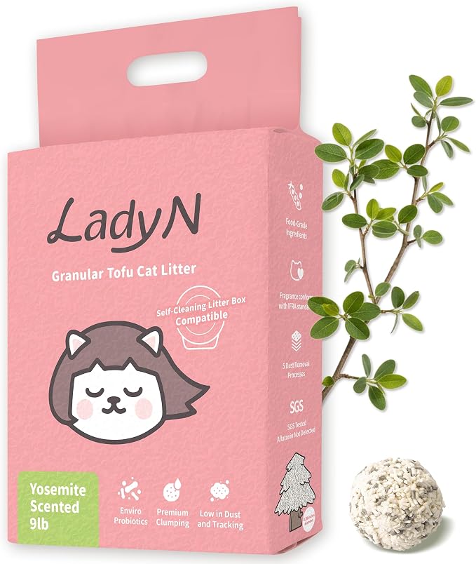 Lady N Tofu Cat Litter, Low Dust Compatible with Auto-Box Yosemite 9lb | Mini-Pellet Shape, Premium Clumping, Ultra Absorbent, Odor Control, Yosemite Scent, Woody Scent