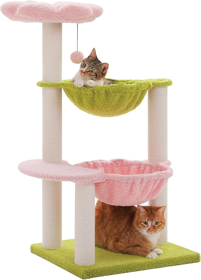 37.4" Flower Cat Tree with 2 Hammocks & 6 Sisal Posts, Pink | Flower top perch, 2 spacious hammocks, 6 sisal posts, Cute small tower, For indoor kittens, Sturdy build