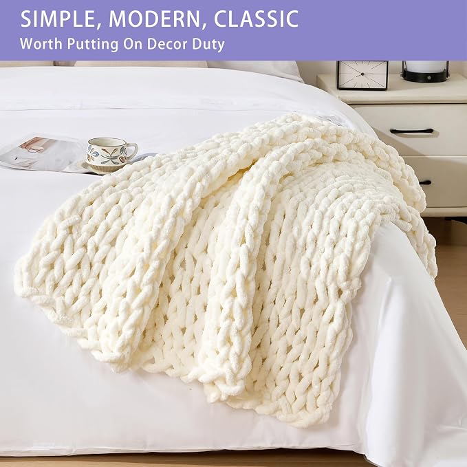 Bigacogo Chunky Knit Throw Blanket for Couch, 40x40 inches, Ivory | Hand Knit with Jumbo Chenille, Soft Breathable Cable Knit for Sofa Bed Living Room, Machine Washable, Gift for Mom Friend