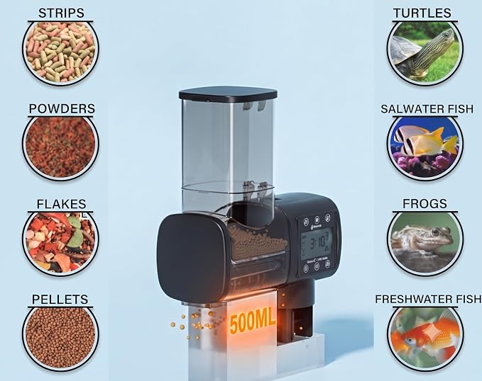 Automatic Fish Feeder: 500ml Bluetooth App Timer | Aquarium pet food dispenser, holiday travel, betta turtle, moisture-proof lid, anti-clog, 4-month battery