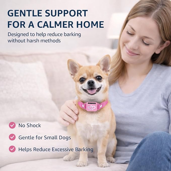 Bark Collar for Small Dogs 5-15 lbs with Magnetic Charging – No Shock, 3 Beep & Vibration Modes, 5 Sensitivity Levels - Humane Stop Anti-Barking Device - Dog Training Bark Collar (Candy Pink)