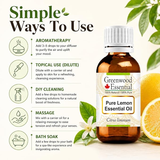 Greenwood Essential Pure Lemon Essential Oil (Citrus limonum) Steam Distilled 5ml (0.16 oz)