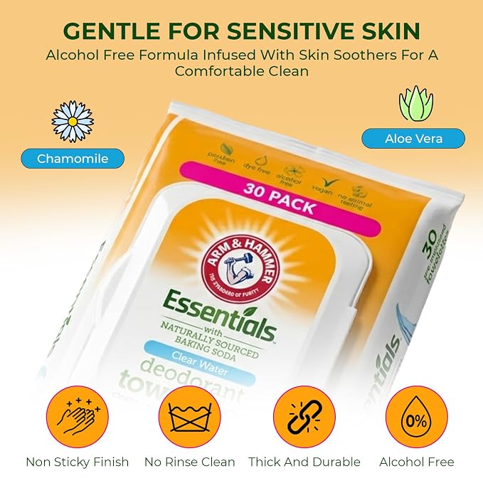 Arm and Hammer 3 Pack Face and Body Wipes for Adults - Deodorant Towelettes 90 Sheets for Women - Shower Wipes for Traveling, Camping, Gym, and Bathing - Alcohol-Free Face Sheets (Clear Water)