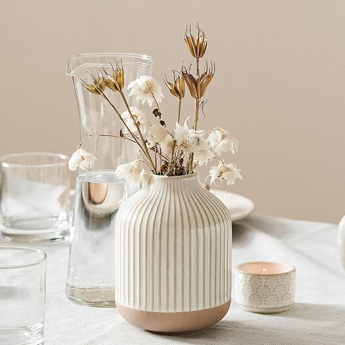 Boho Farmhouse Small Ceramic Vase for Pampas Grass & Flowers - 5.3 Inch Rustic White Vase, Centerpiece for Eucalyptus, Tiny Stems & Bouquets with Embossed Lines