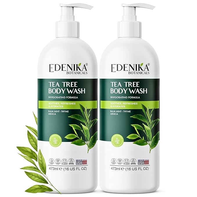 EDENIKA BOTANICALS Tea Tree Body Wash 16 fl oz (2 Pack) Natural Antifungal Support Wash for Athlete’s Foot, Ringworm & Jock Itch, Refreshes & Soothes, Organic Tea Tree Oil, Men & Women