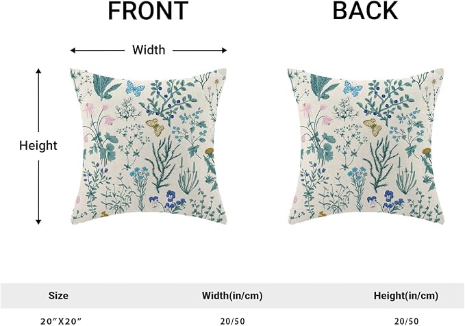AEIOAE Spring Pillow Covers 20x20 Inch Set of 2,Blue Teal Wild Flower Plant Throw Pillows Case,Seasonal Floral Outdoor Decorative Square Linen Farmhouse Decor Cushion Covers for Home Sofa Bed Couch