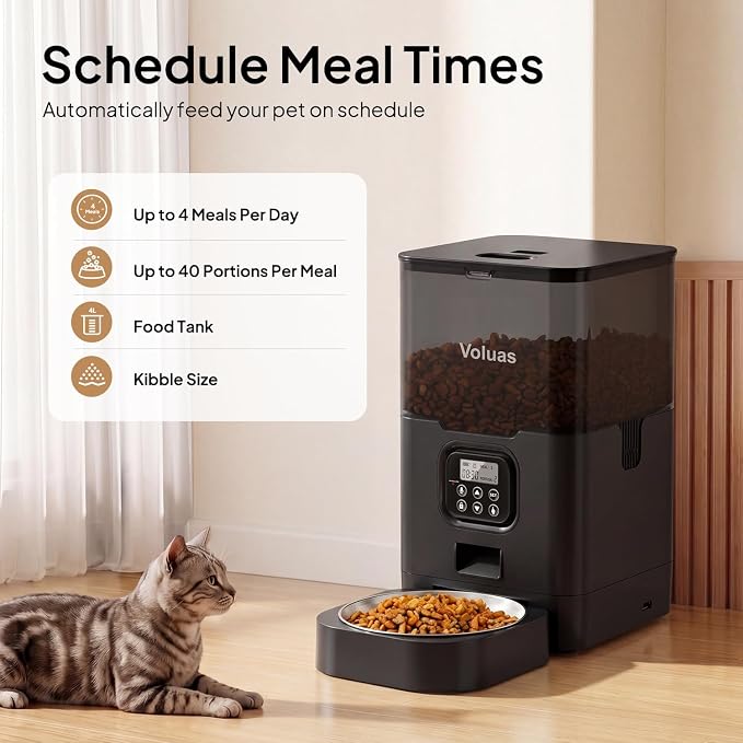 VOLUAS Automatic Cat Feeder, 6L Timed Dry Food Dispenser for Cats & Dogs | Programmable Portion Control, Up to 4 Meals Daily, Dual Power Supply, Power-Off Memory, 10-Second Voice Recorder