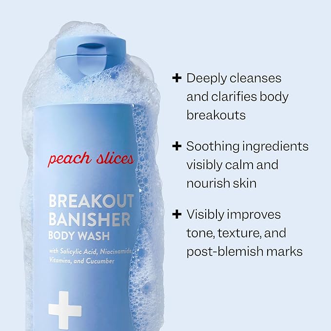 Peach Slices - Breakout Banisher Body Wash (6.09 oz) - 1% Salicylic Acid & Glycolic Acid - Clear & Prevent Body Breakouts - Niacinamide & Cucumber - Vegan, Cruelty Free, Korean Skin Care & Beauty