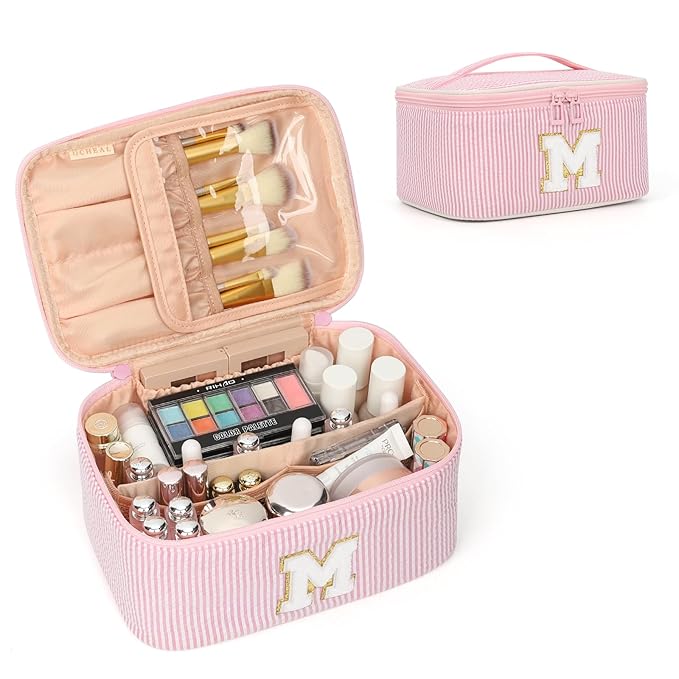 OCHEAL Makeup Bag Valentines Day Gifts for Women, Monogram Cosmetic Bag Pink Travel Makeup Case Beauty Toiletry Bag Organizer Personalized Gifts for Girls Bridesmaid, Sister, Wife, Friends Initial M