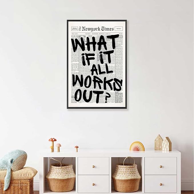 Retro Black And White Newspaper Poster What If It All Works Out Canvas Wall Art Positive Affirming Quote Minimalist Prints Painting For Home Bedroom Dorm Wall Decor 12x16in Framed