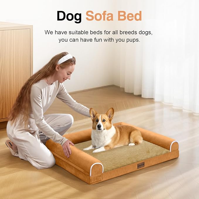 Orthopedic Dog Bed for Small Dogs, 24 x 16 Inch, Orange | Egg crate foam for joint support, 3-sided bolster pet sofa, waterproof lining, washable cover, and non-skid base