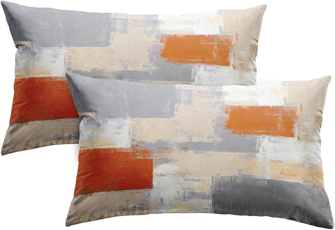 Throw Pillow Covers Set of 2, 12 x 20 Inch, Beige Orange Grey | Abstract Modern Art Outdoor Decorative Square Pillow Cases Couch Cushion Case for Couch Bed Sofa Living Room Home Decor