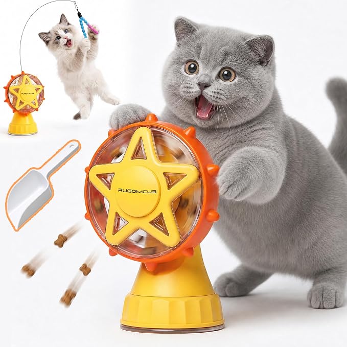 Interactive Cat Toy for Indoor Cats, Ferris Wheel Cat Treat Dispenser Teaser Wand & Suction Cup Base, w/Spoon, Puzzle Feeder Toy for Exercise, Mental Stimulation, Slow Feeding