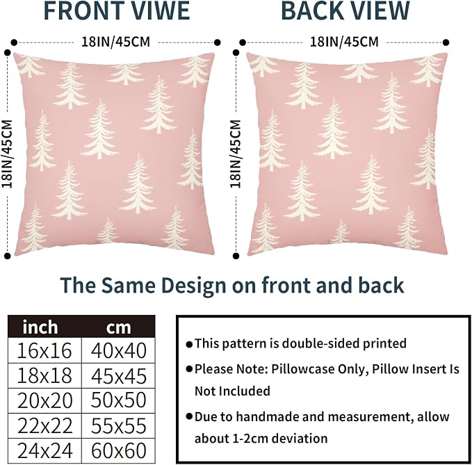Christmas Pillow Covers 20X20 Inch Set of 2 Rustic Pink White Xmas Tree Decorative Pillow Cases Winter Holiday Cotton Linen Cushion Case Farmhouse Home Decor for Sofa Couch Bedroom