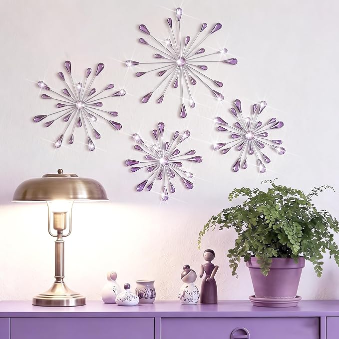 Hicarer 4 Pcs Starburst Wall Decor Bling Wall Art Crystal Teardrop 3D Hanging Rhinestone Radial Metal Artwork Modern Accent Sculptures Decorations for Living Room Home Office Bedroom(Purple)