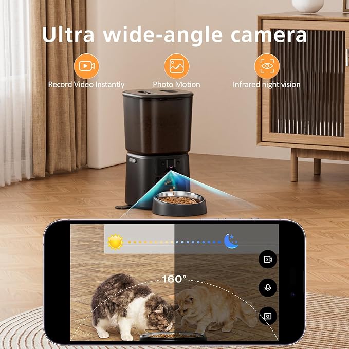 Automatic Cat Feeder with Camera, 4L WiFi Smart Pet Feeder with APP Control, 1080P HD Video,Night Vision,Voice Call, Motion Detection, Dual Power Supply, Supports 5GHz/2.4GHz,for Dogs Cats, Small-Pet
