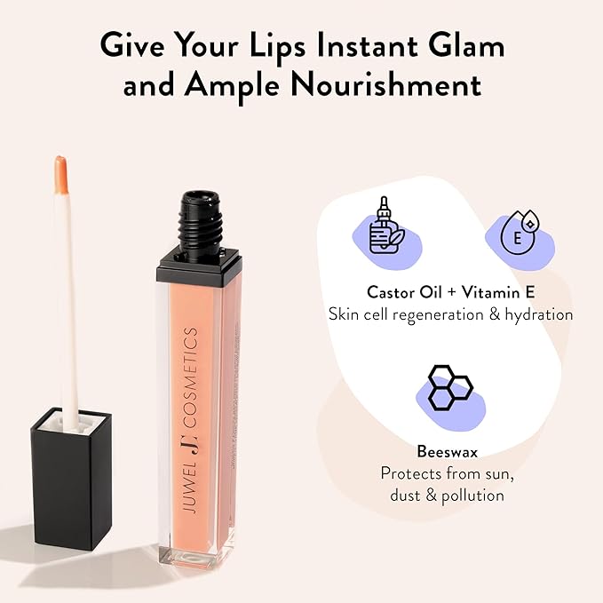 Juwel Cosmetics Luminizing Lip Gloss – Hydrating & Moisturizing for Dry Lips with Beeswax, Castor Oil & Vitamin E, Smooth Finish Tinted Lip Gloss for Women, Vegan, Tease