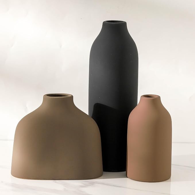 Enra Modern Ceramic Vase Set of 3, Minimalist Pottery Vases for Home Decor | 3-piece matte pottery accents in varied sizes, perfect for shelves, tables, mantels, dried flowers and pampas grass styling.
