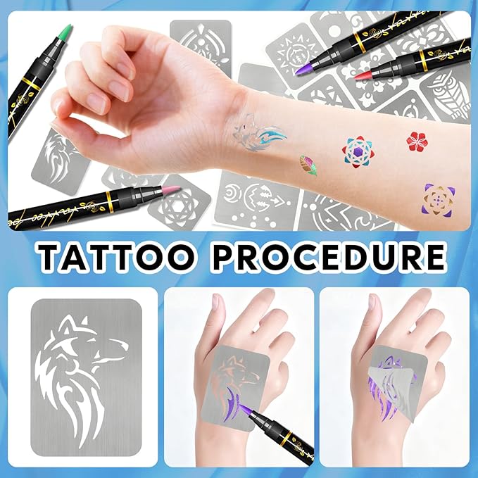Temporary Tattoo Markers for Skin, 8 Temporary Tattoo Markers + 94 Geometry Tattoo Stencils for Kids Teens, Flexible Brush Tip & Bright Colors Body Marker and Fake Tattoo Stencil Set for Party Favor