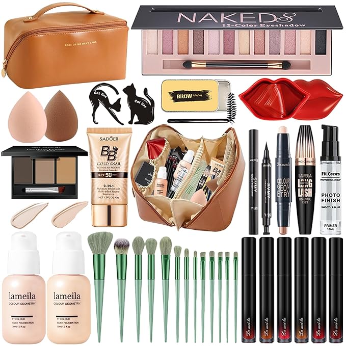 All in One Makeup Kit for Women Full Kit, Travel Makeup Gift Set for Women Teens Girls, Includes Eyeshadow Foundation Primer BB Lipstick Eyeliner Mascara Contour Brow Soap Powder Lip Mask Brush Sponge