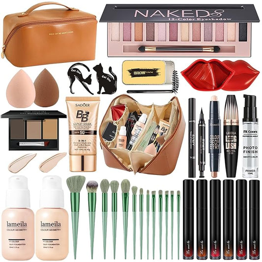 All in One Makeup Kit for Women Full Kit, Travel Makeup Gift Set for Women Teens Girls, Includes Eyeshadow Foundation Primer BB Lipstick Eyeliner Mascara Contour Brow Soap Powder Lip Mask Brush Sponge
