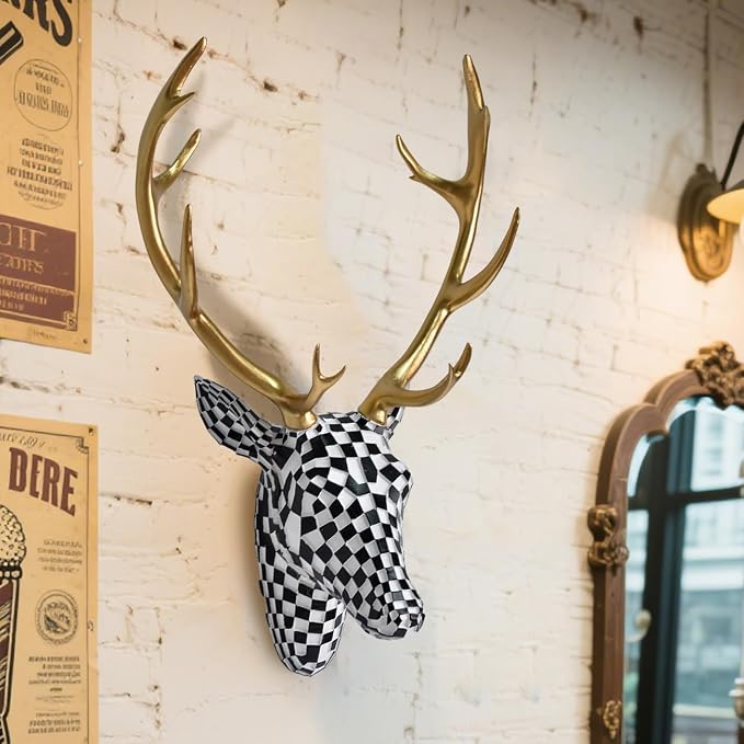 GIGICICI Mosaic Deer Head Wall Decor 15.7x8.7 Inch, Artistic Faux Resin Animal Head Wall Sculpture Hanging for Living Room Bedroom Kitchen Office, Black-White Gift