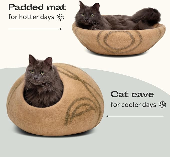 Cat Cave - Merino Wool Bed for Indoor Cats (Beige, Medium) | Cat Bed Enclosure, Premium Felt, Handmade, Super Soft, Lightweight, Breathable, Adjustable Shape