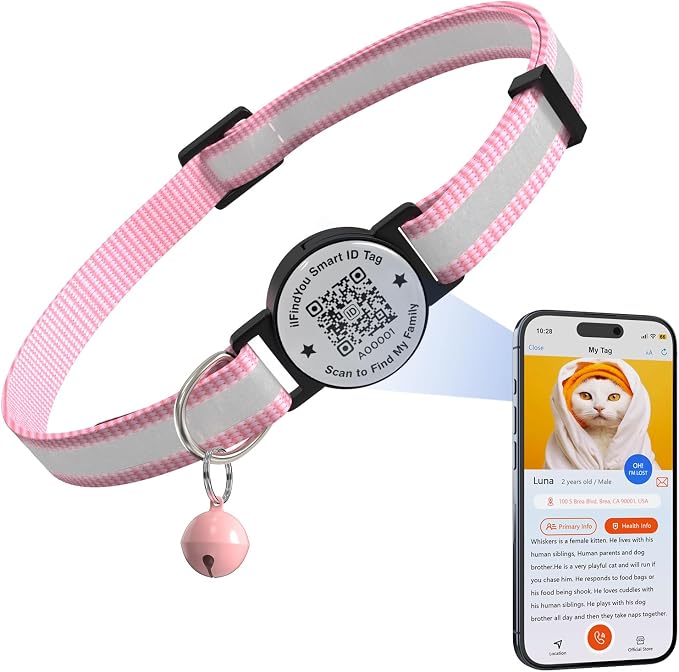 Breakaway Cat Collar QR Code, Reflective Bell, Adjustable Kitten Pink