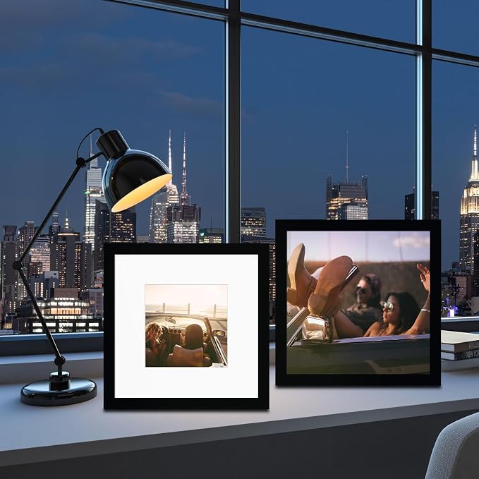 8x8 Picture Frame Set of 9, Display Pictures 4x4 with Mat or 8x8 without Mat, Multi Collage Gallery Square Photo Frames for Wall or Tabletop, Black