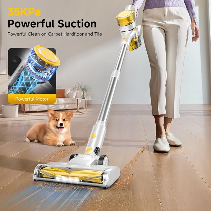 Cordless Vacuum Cleaner, 35Kpa Vacuum Cleaner for Home, 45Mins Stick Vacuum with LED Display, Anti-Tangle & Wall Mount Charging for Hard Floors, Carpet, Pet Hair