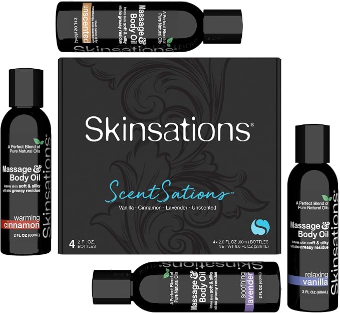 Massage Oil Gift Set – Variety Set for Couples, Travel Size (4 × 2oz) – Lightweight, Non-Greasy, Hydrating Body Oils for Relaxation & Gifting – Vanilla, Cinnamon, Lavender & Unscented