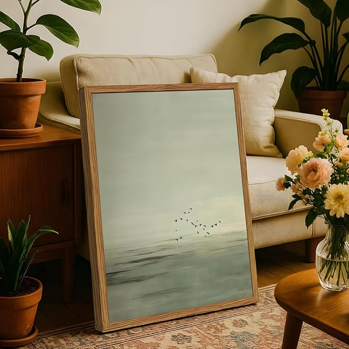 Framed Sage Green Japanese Canvas Wall Art Set of 2, Minimalist Moon and Birds Pictures Wall Decor, Neutral Landscape Artwork Paintings Prints Zen Home Decor for Living Room Bedroom Office 12x16 inch