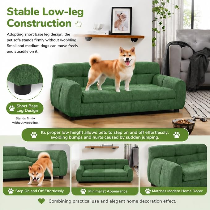 38"x22" DOD Sofa for Small & Medium Dogs | Removable Cushion Cover | Stable Low-Leg Frame | Breathable Linen Fabric | Armrest & Backrest | Easy to Clean |Olive Green
