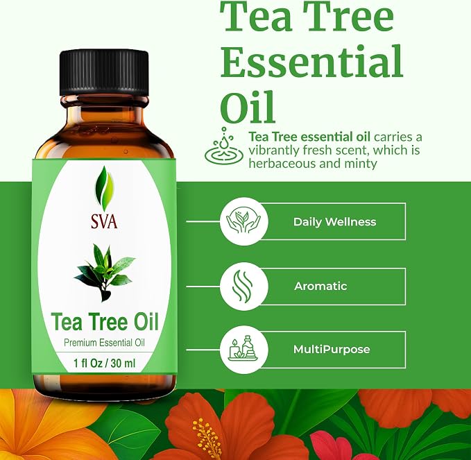 SVA Tea Tree Essential Oil 1 Fl Oz – for Diffuser, Skin & Hair Care – Ideal for Massage & DIY Blends – with Dropper