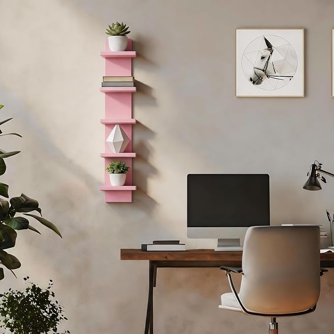 5 Tier Floating Wall Shelf, Pink | Modern Vertical Shelving Pink Room Decor Corner Shelf for Entryway, Bedroom, Bathroom, Study Room and Living Room
