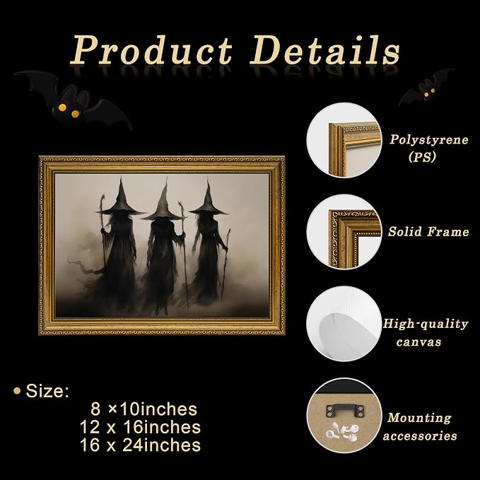 JLTULT Three Witches Halloween Wall Art, Gothic Framed Canvas, 8 x 10 in | Dark three-witch scene on fade-resistant canvas with an ornate ready-to-hang PS frame for entryways and Halloween displays
