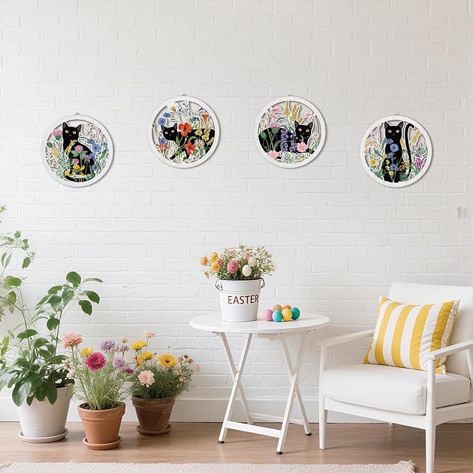 Funny Black Cat Wall Decor,Farmhouse Floral Wooden Signs,4 Pieces 10''x10'' Colorful Botanical Kitten Wall Art,Plant Cat Wood Plaque Home Decor for Pet Shop,Nursery,Lovely Cat Gifts