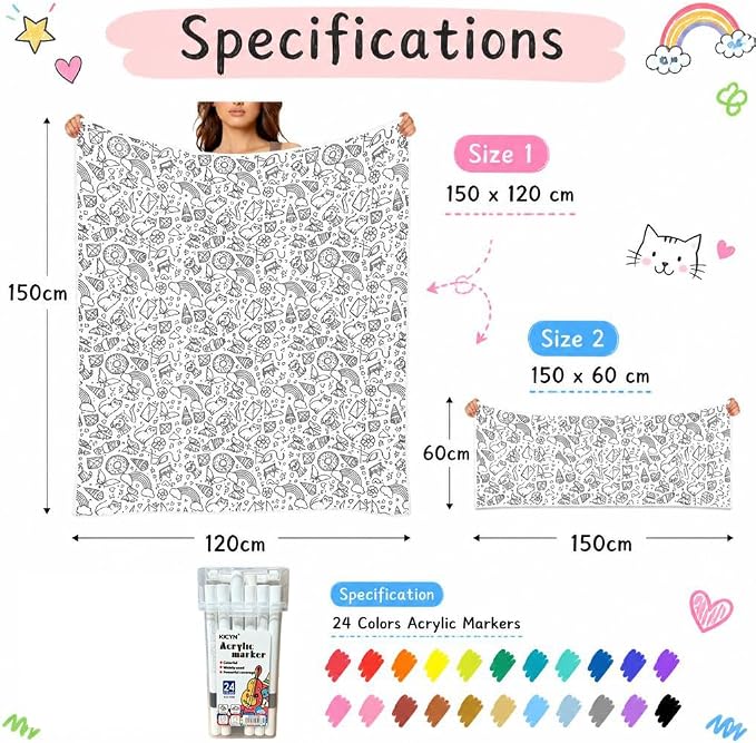 DIY Coloring Blanket with 24 Markers, Custom Color Blankets for Adults | Color In Your Own Blankets With 24 Colors Markers, Snuggle Color Sketch Washable Cozy Blankets Kit Home Decor