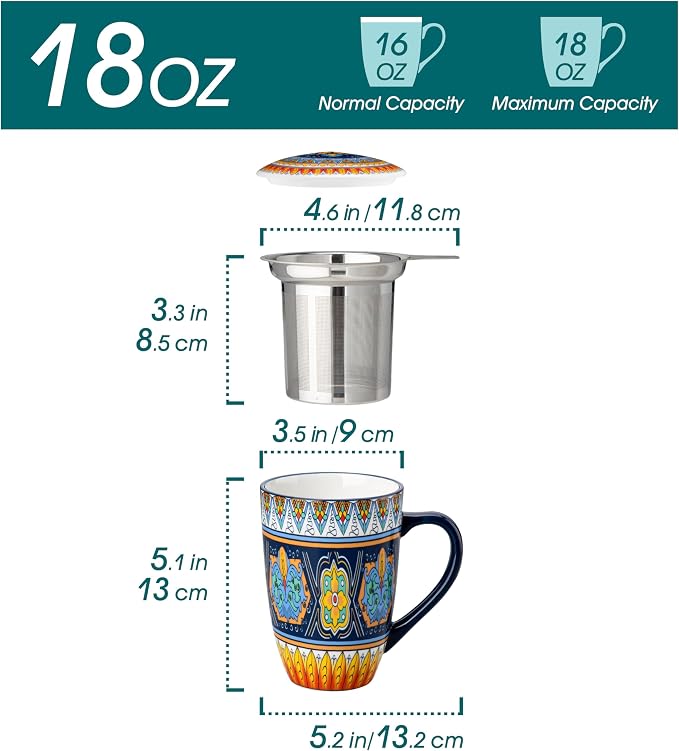 vancasso Ceramic Tea Cup with Infuser and Lid, 18 Ounce Tea Infuser Mug for Loose Leaf Tea, Microwave & Dishwasher Safe, Bohemian Mandala, Gift for Tea Lovers, Forest Daisy Drift