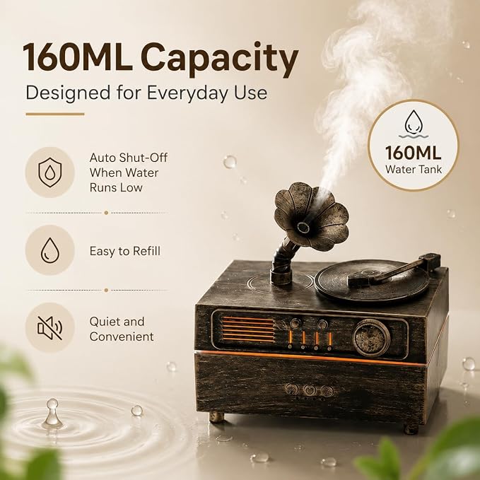 Vintage Gramophone Humidifier, 160ML Aroma Diffuser with Colorful LED Light, Remote Control, Auto Shut-Off, 3 Timer Settings, Essential Oil Diffuser for Bedroom, Office, Home Decor